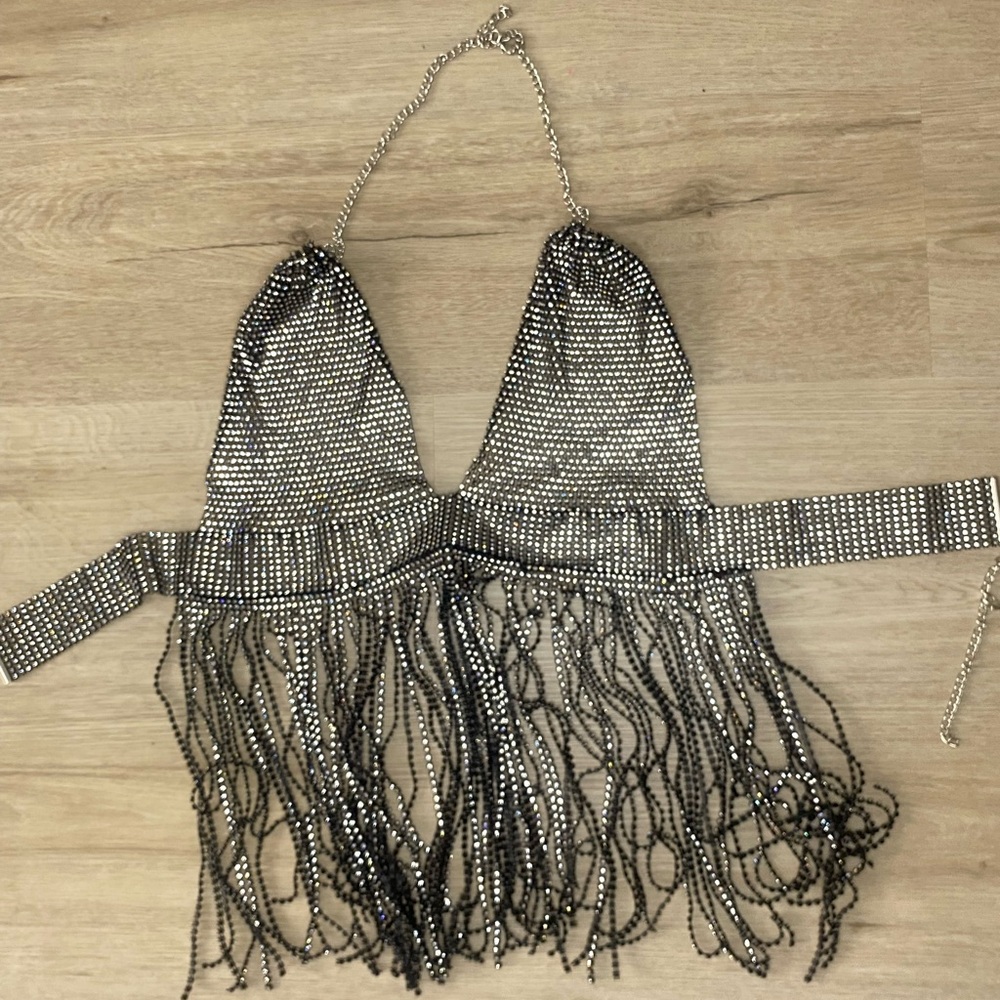 Silver Rhinestone Fringe Halter Top